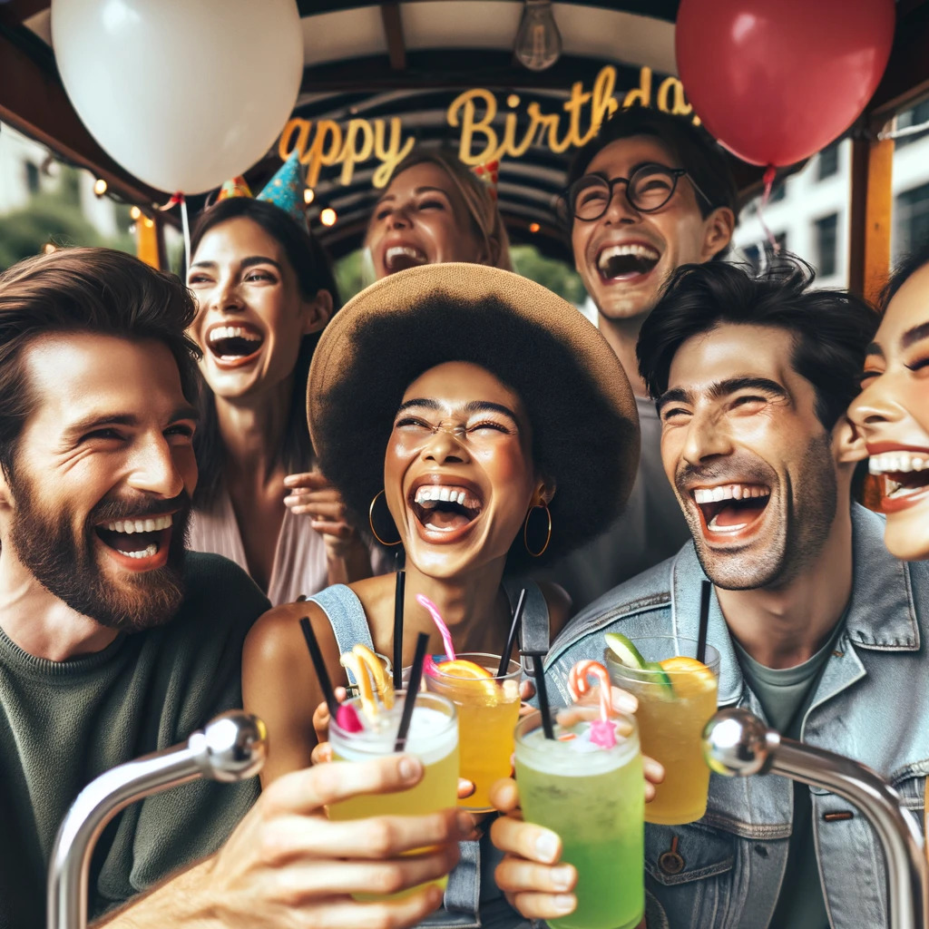 Friends holding colorful drinks at a birthday party with balloons and a 'Happy Birthday' sign in the background.