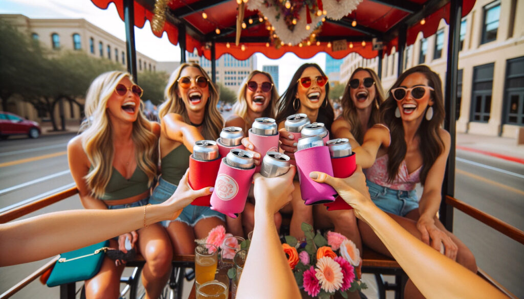 Group toasting with canned drinks in colorful holders on a pedal pub.