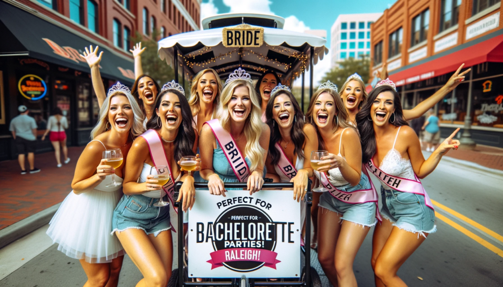 Group of women with sashes on a bachelorette party bike cart, holding drinks, in an urban setting.